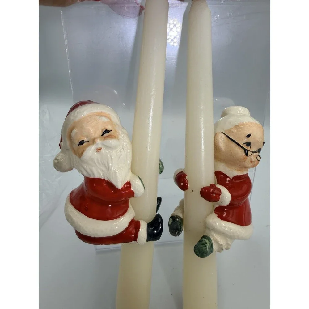 Vintage MCM JAPAN Santa & Mrs Claus Ceramic Candle Hugger Figurines Christmas